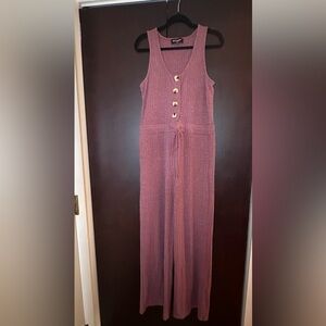 Kittenish Ribbed Button-Front Jumpsuit w/ pockets in Mauve
